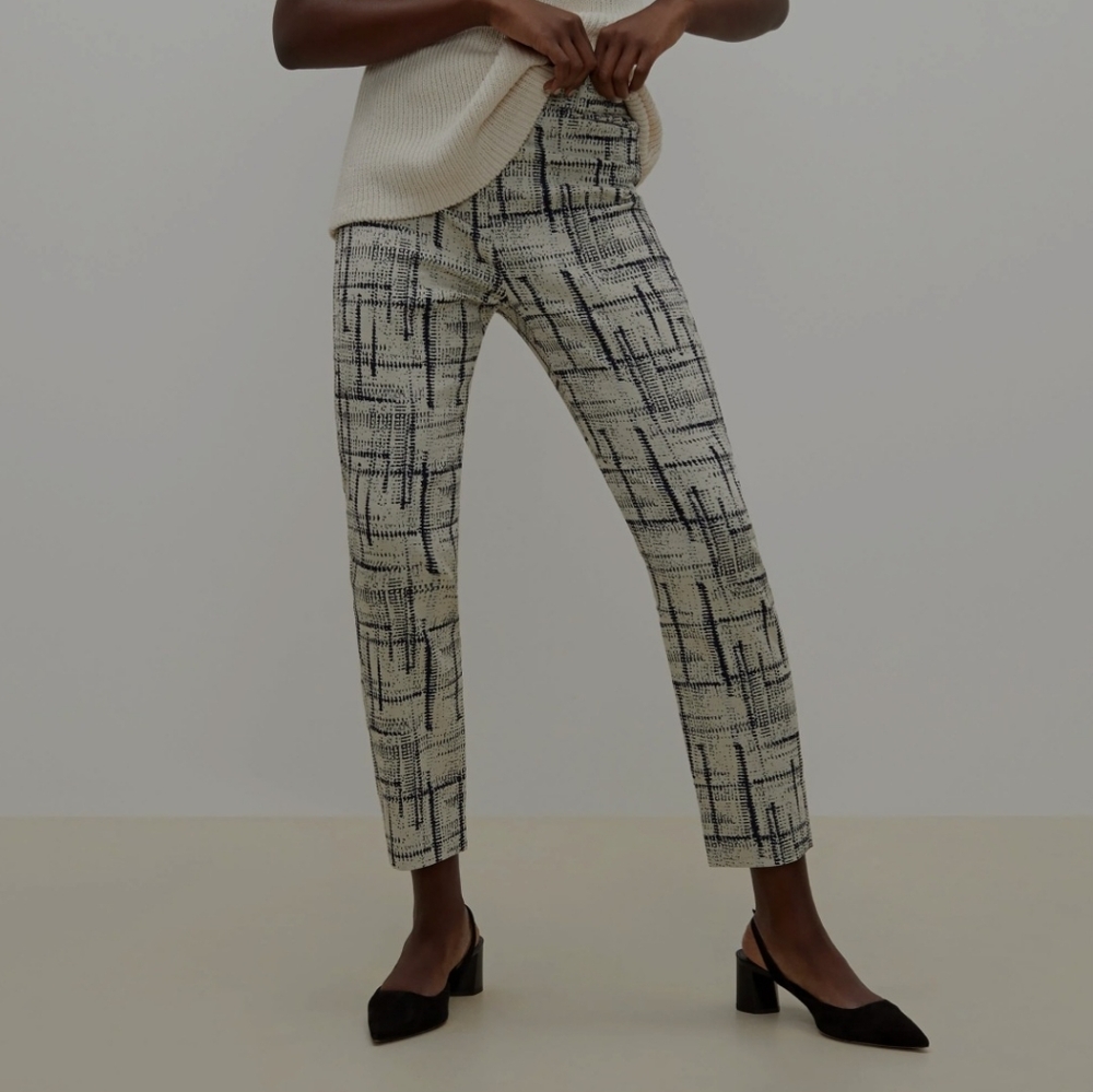 MM Lafleur Condesa Ankle Pants Cubist Jacquard High Rise Ivory Navy Stretch Sz 8